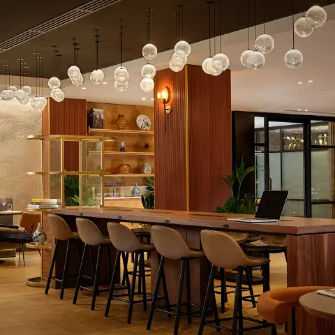 Interior lounge with pendant lighting
